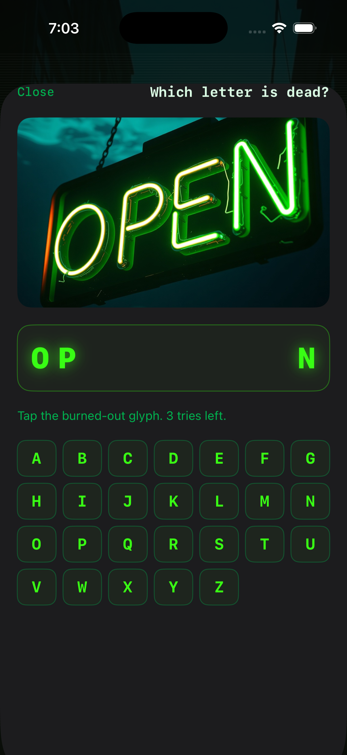 Letter quiz screen